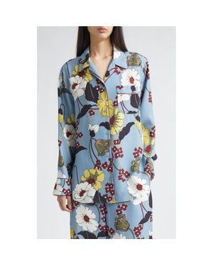 Marni Melodia Floral Satin Pajama Shirt - Blue