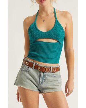 PacSun Serafina Knit Halter Neck Crop Tank - Blue