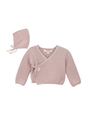 Fragile Garter Knit Wrap Cardigan Set With Bonnet - Pink
