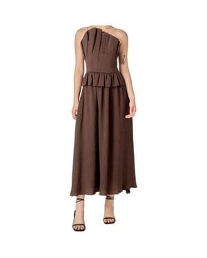 English Factory Pleated Ruffle Strapless Maxi Dress - Brown