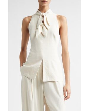 Lela Rose Bow Embellished Linen Blend Sleeveless Top - White