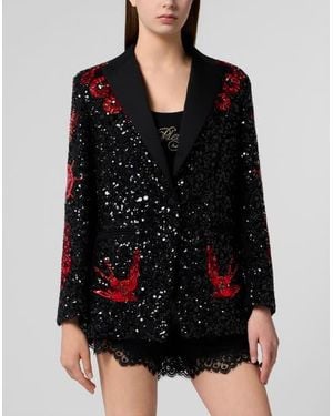 Philipp Plein Boyfriend's Fit Blazer Butterfly Tattoo Paillettes - Black