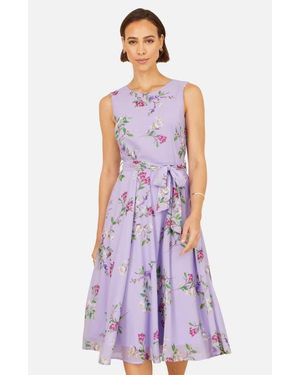Yumi' Sleeveless Tie Waist Printed Midi Dress - Purple