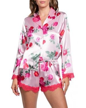 In Bloom Alyssa Lace Trim Long Sleeve Satin Shorts Pajamas - Red