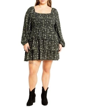 City Chic Floral Print Long Sleeve Tiered Minidress - Black