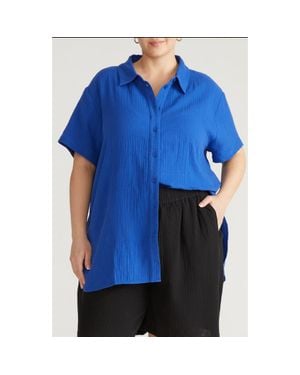 UNIVERSAL STANDARD Toni High Low Button Down Cotton Gauze Top - Blue