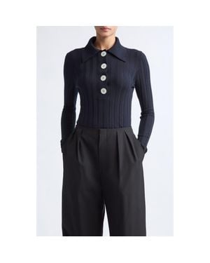 Nackiyé Sugarman Long Sleeve Virgin Wool Rib Polo - Blue