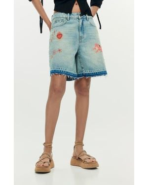 Desigual Beaded Appliqué Denim Shorts - Blue