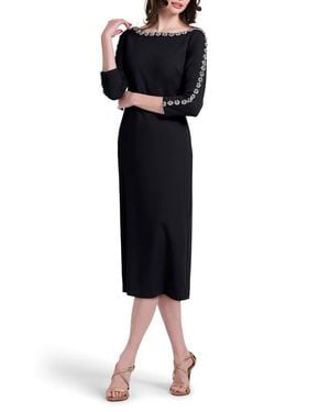 EMILY SHALANT Crystal Floral Detail Stretch Crepe Cocktail Dress - Black