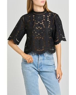 Wayf Mary Floral Embroidered Mock Neck Top - Black
