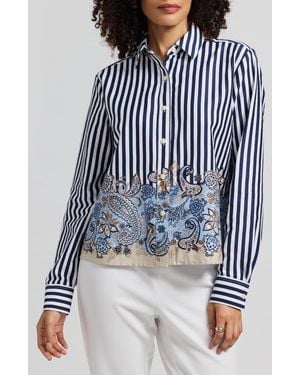 Foxcroft Jodie Stripe & Paisley Print Button Down Blouse - Blue