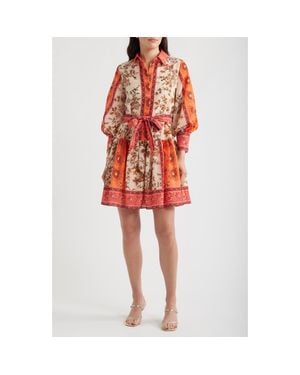 Kobi Halperin Bailey Print Long Sleeve Tie Waist Dress - Red