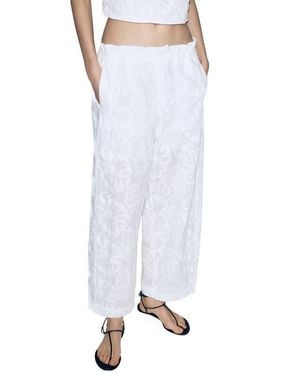 Mango Floral Jacquard Cotton Drawstring Ankle Pants - White