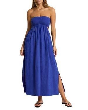 Sea Level Smocked Bodice Cotton Seersucker Cover-Up Dress - Blue
