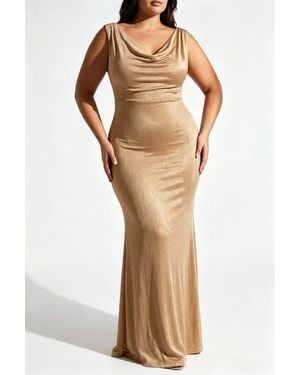 Popilush Shimmering Cowl Neck Built-In Shapewear Evening Maxi Dress - Natural