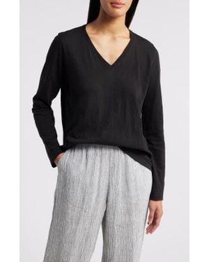 Eileen Fisher Easy V-Neck Long Sleeve Organic Cotton T-Shirt - Black