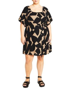 City Chic Print Tie Waist Minidress - Black