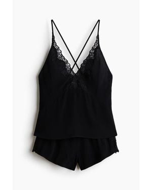 H&M Lace-Trimmed Viscose Pajamas - Black