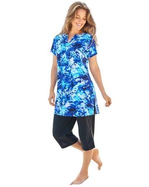 Swim 365 Longer Length Notch Neck Short Sleeve Swim Tunic - Blue