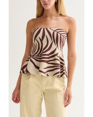 Crescent Leaf Print Jacquard Knit Peplum Top - Natural