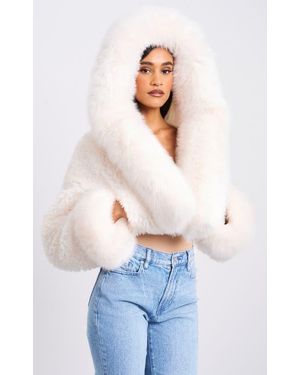 Miss Circle Kali Statement Cropped Faux Fur Hoodie Jacket - White