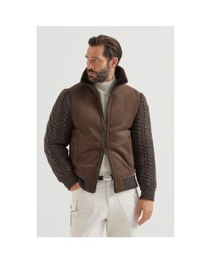 Brunello Cucinelli Suede Shearling And Cashmere Knit Bomber Jacket With Thermore Padding - Brown