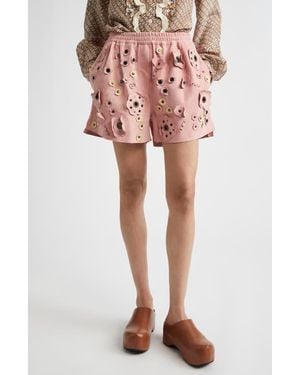 Marni Floral Appliqué Suede Shorts - Pink