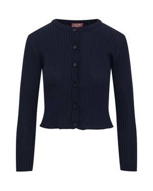 QEW Wide Rib Cropped Button Front Knit Cardigan - Blue