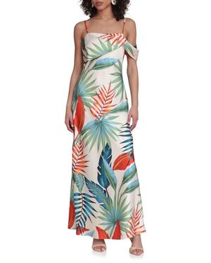 Avec Les Filles Floral Print Asymmetric Satin Maxi Dress - White
