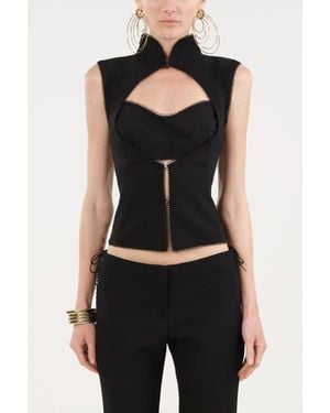 Nocturne Braid-Trim Bustier Top With Built-In Bra - Black
