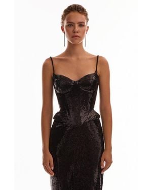 Milla Fitted Hourglass Spaghetti Strap Sequined Corset For Cocktail Events - Black