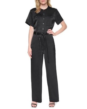 DKNY Tie Waist Satin Utility Jumpsuit - Black