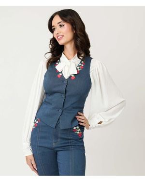 Unique Vintage 1940S Embroidered Button Up Vest - Blue