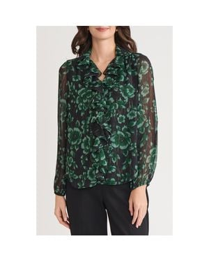 Kasper Floral Metallic Ruffle Chiffon Top - Green