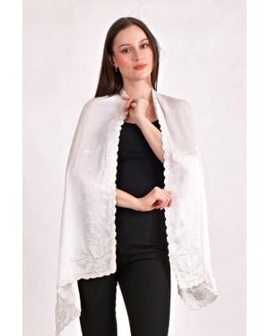 Ras Resham & Pearl Hand Embroidered Viscose Scarf - Natural