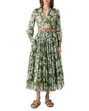 Akris Punto Papercut Flower Long Sleeve Belted Cotton Muslin Tiered Maxi Dress - Green