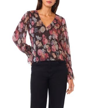 Vince Camuto Floral V-Neck Flare Cuff Chiffon Top - Red