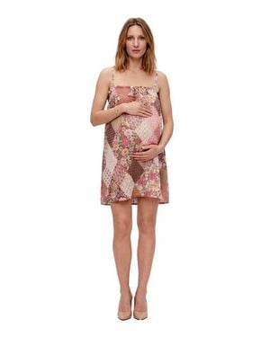24seven Comfort Apparel Maternity Essential Patchwork Print Spaghetti Strap Smocked A-Line Pocket Mini Dress - Pink
