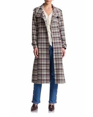 Avec Les Filles Plaid Relaxed Belted Funnel Neck Coat - Blue