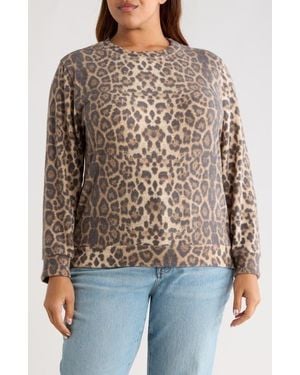Loveappella Brushed Animal Print Long Sleeve Crewneck Top - Brown