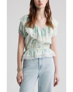 Treasure & Bond Lace Trim Puff Sleeve Peplum Top - Blue
