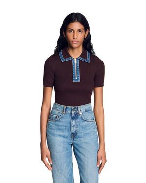 Sandro Knit Polo Sweater With Denim Collar - Blue