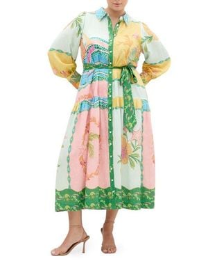 City Chic Ezra Mixed Print Long Sleeve Maxi Shirtdress - Green