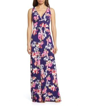 Loveappella Abstract Floral Print Sleeveless Jersey Maxi Dress - Purple