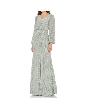 Mac Duggal Sequin-Embellished Long Sleeve V-Neck Evening Gown - Gray