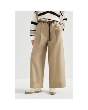 Brunello Cucinelli Techno Cotton Poplin Boxy Pleated Pants With Monili - Natural