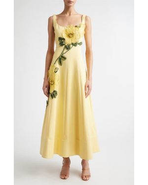Lela Rose Peony Embroidered Appliqué Stretch Sateen Dress - Yellow
