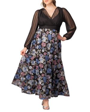 Kiyonna Isabella Embroidered Long Sleeve Gown - Black