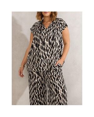 Live Unlimited Mono Print Short Sleeve Tie Neck Blouse - Black