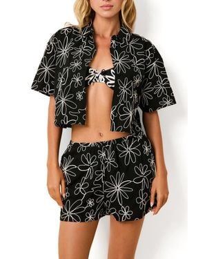 Solid & Striped Ezra Embroidered Crop Cotton Cover-Up Camp Shirt - Black